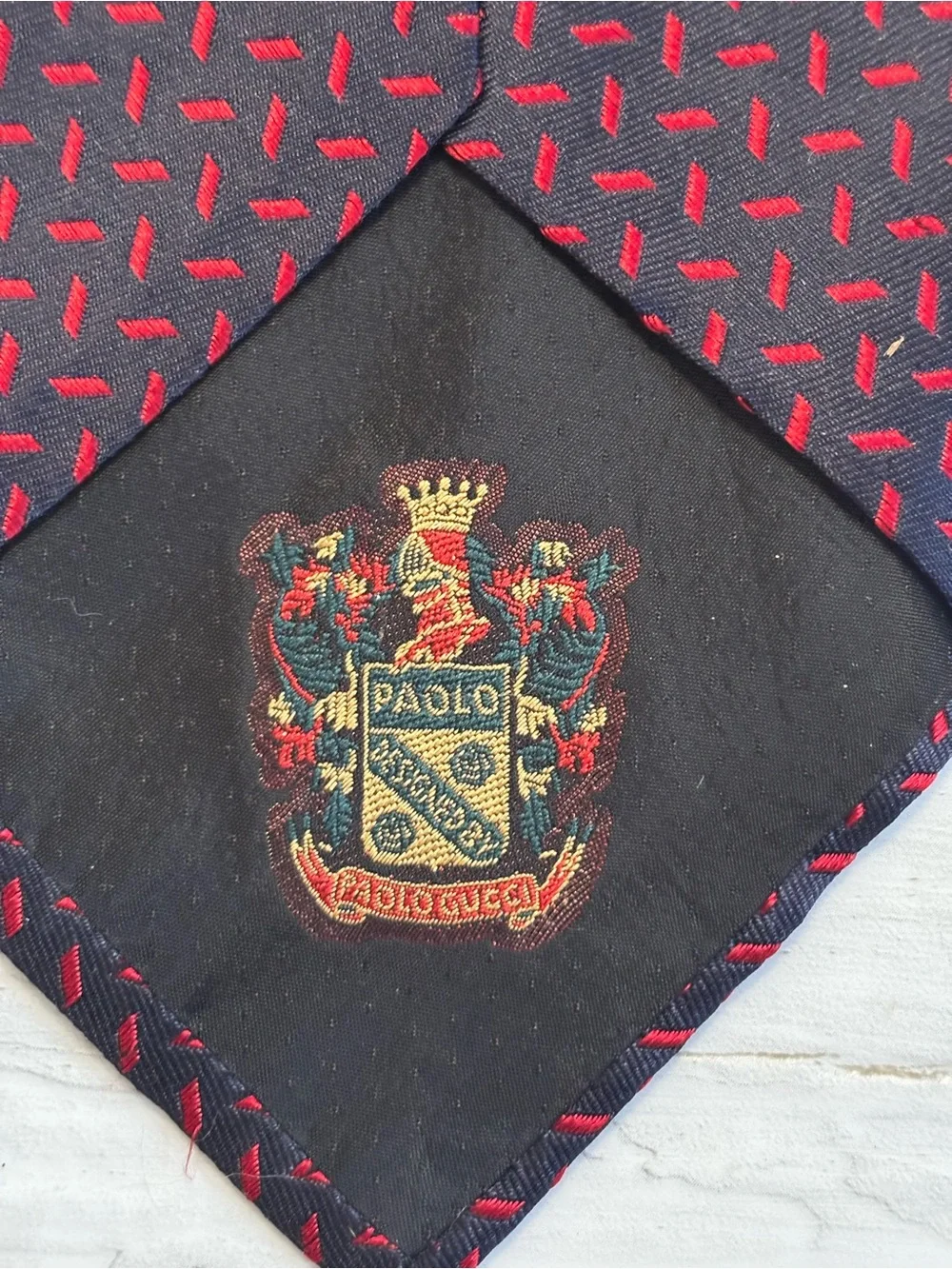Paolo Designed by Paolo Gucci Vintage Silk Navy Blue Tie with Red Dash Pattern